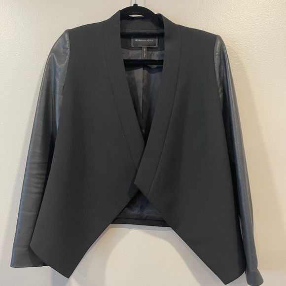 BCBGMaxAzria Black Blazer with Faux Leather Sleeves - Picture 1 of 3